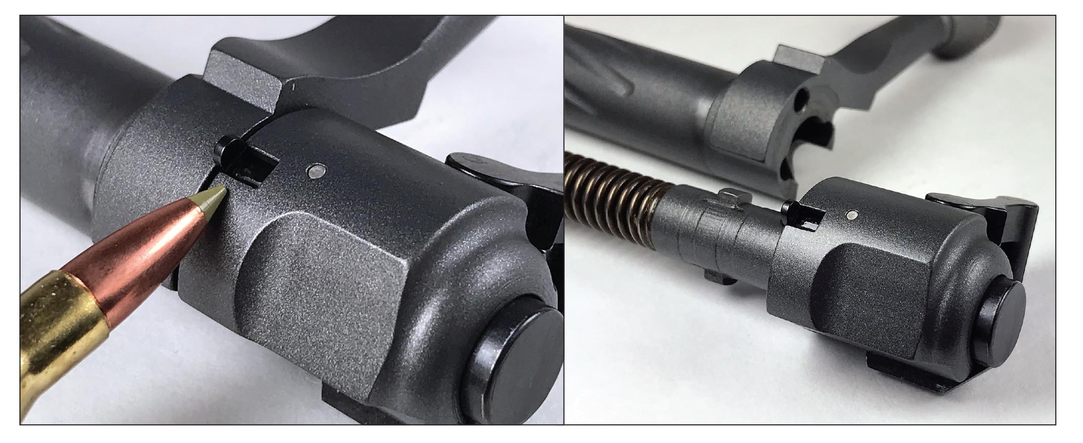 Pulling back on a small protruding pin (left) releases the firing pin assembly and allows for easy removal.
